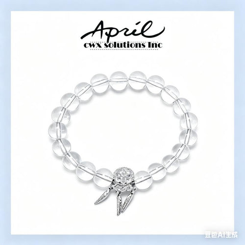 Clear Glass Crystal Beaded Stretch Bracelet with Silver Dreamcatcher Feather Charm