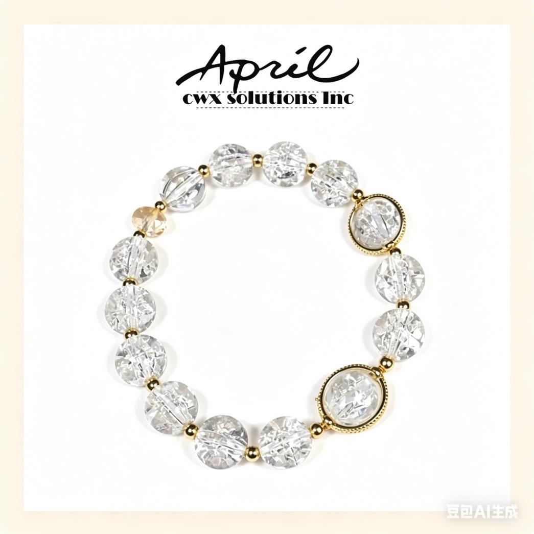 Clear Crackle Glass Crystal Beaded Bracelet with Gold Plated Accents