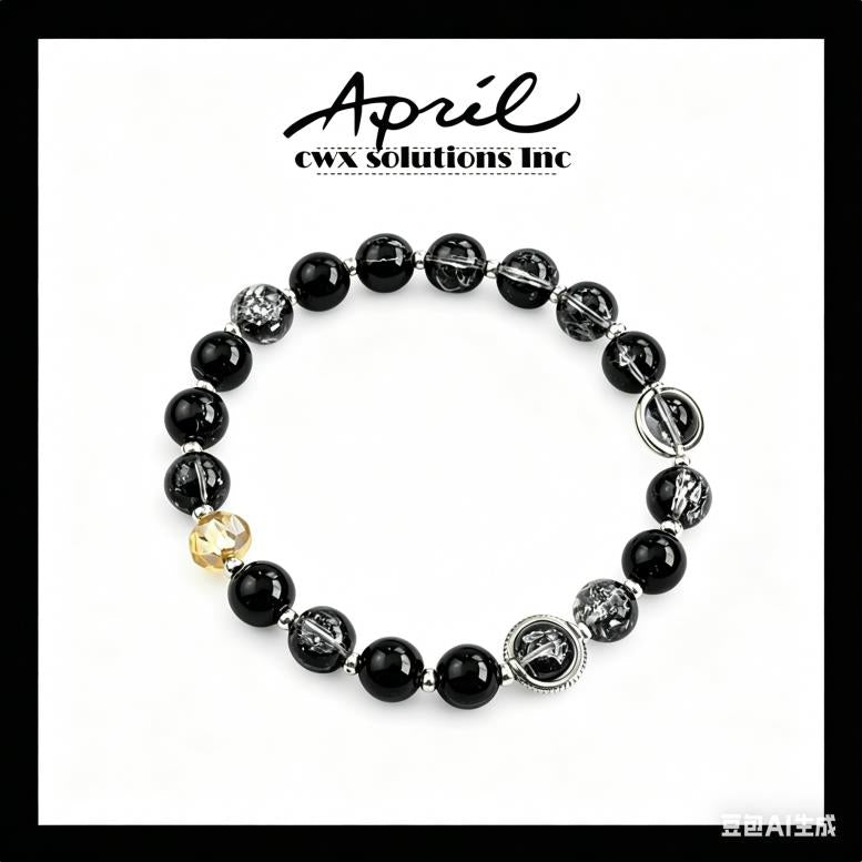 Black & Crackle-Effect Glass Crystal Beaded Bracelet with Yellow Crystal Accent