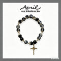 Black & Textured Glass Crystal Beaded Bracelet with Silver Cross Charm
