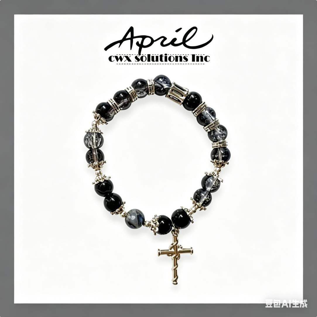 Black & Textured Glass Crystal Beaded Bracelet with Silver Cross Charm