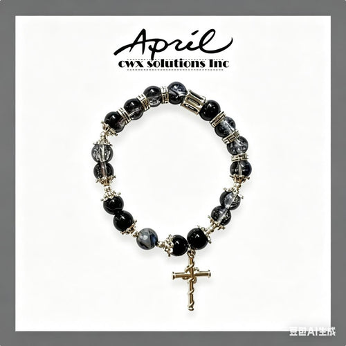 Black & Textured Glass Crystal Beaded Bracelet with Silver Cross Charm