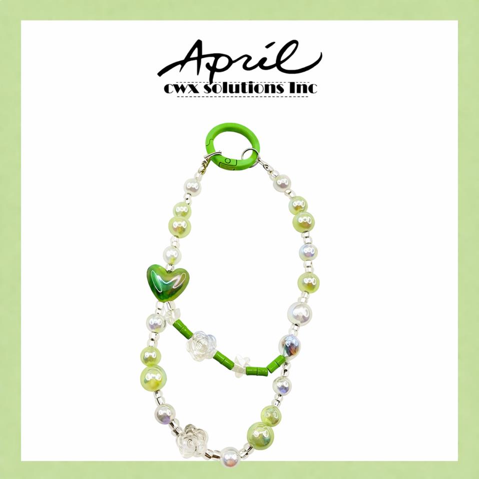 Green Heart Clear Pearl Beaded Phone Charm