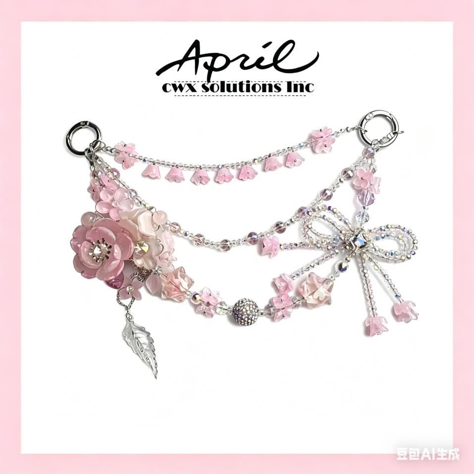 Pink Floral Multi-Layer Phone Strap with Bow & Crystal Accents