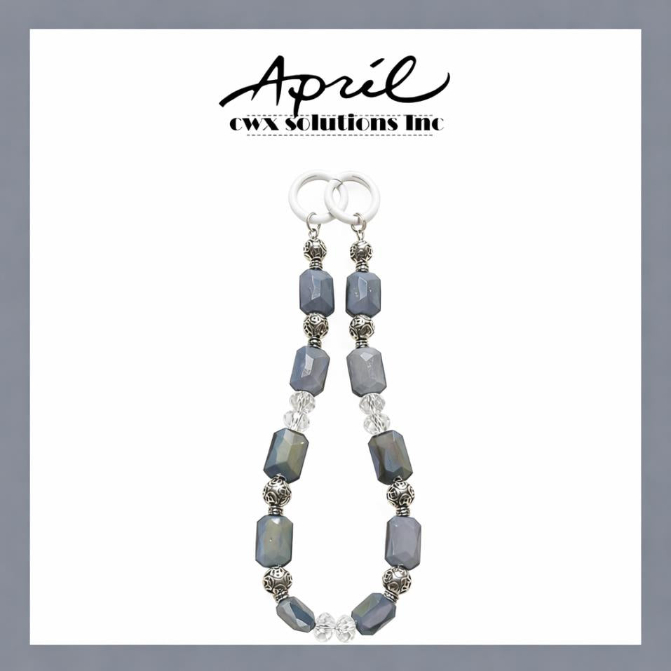 Dark Grey Emerald Cut Crystal Phone Strap with Silver Filigree Accents