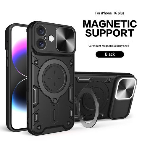 Compatible with iPhone 16 Plus 6.7 Twisting Magnetic Ring Stand Case w/Camera cover Black(Premium Package)