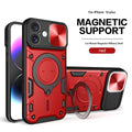 Compatible with iPhone 16 Plus 6.7 Twisting Magnetic Ring Stand Case w/Camera cover Red(Premium Package)