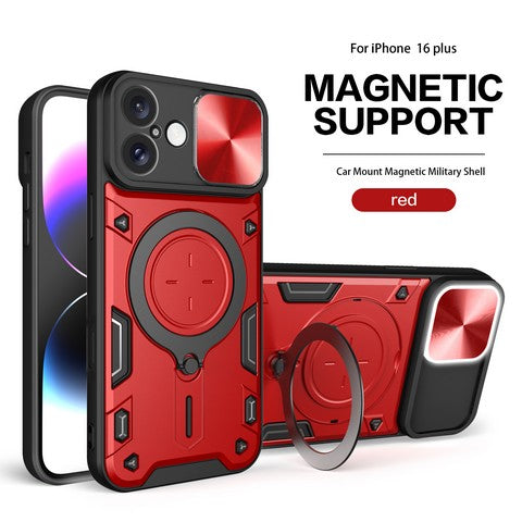 Compatible with iPhone 16 Plus 6.7 Twisting Magnetic Ring Stand Case w/Camera cover Red(Premium Package)