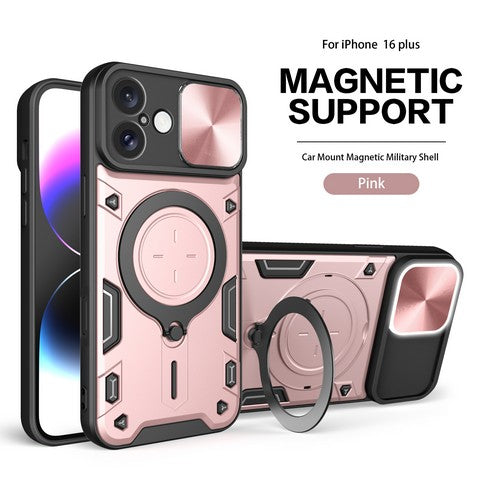 Compatible with iPhone 16 Plus 6.7 Twisting Magnetic Ring Stand Case w/Camera cover Pink(Premium Package)