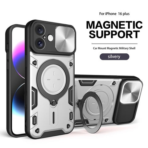 Compatible with iPhone 16 Plus 6.7 Twisting Magnetic Ring Stand Case w/Camera cover Silver(Premium Package)