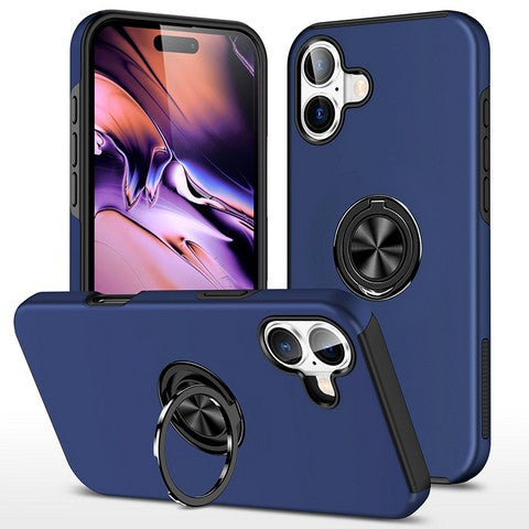 Compatible with iPhone 16 Plus 6.7 Oil Painted Case w/Flat Magnetic Ring Stand Blue (Premium Package)