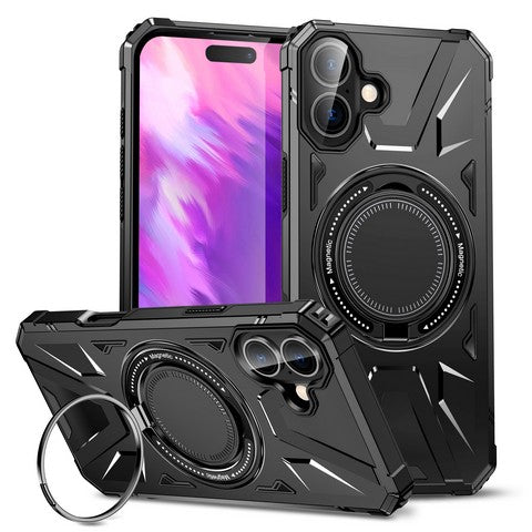 Compatible with iPhone 16 Plus 6.7 Tough Case w/Large Rotating Magnetic Ring Stand Black(Premium Package)