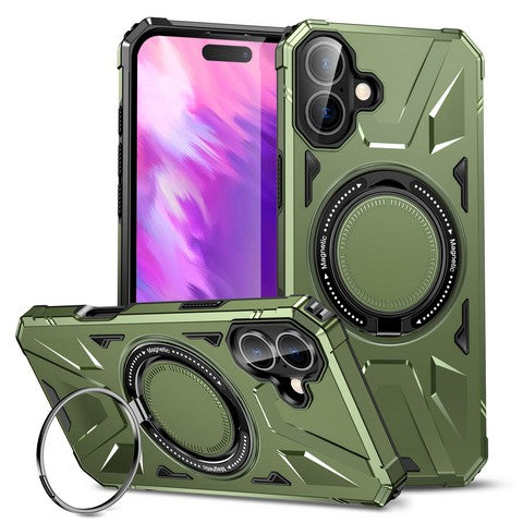 Compatible with iPhone 16 Plus 6.7 Tough Case w/Large Rotating Magnetic Ring Stand Green(Premium Package)